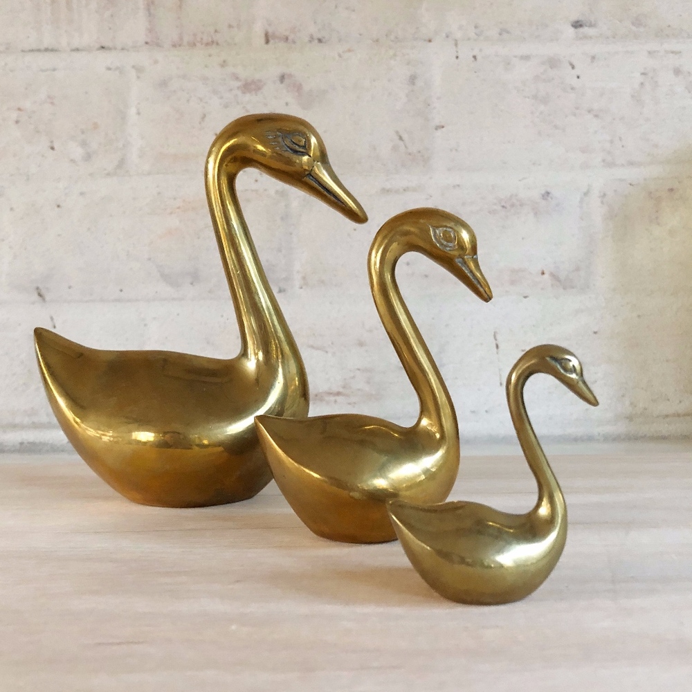 Vintage MCM Trio of Brass Swan with Curved Neck